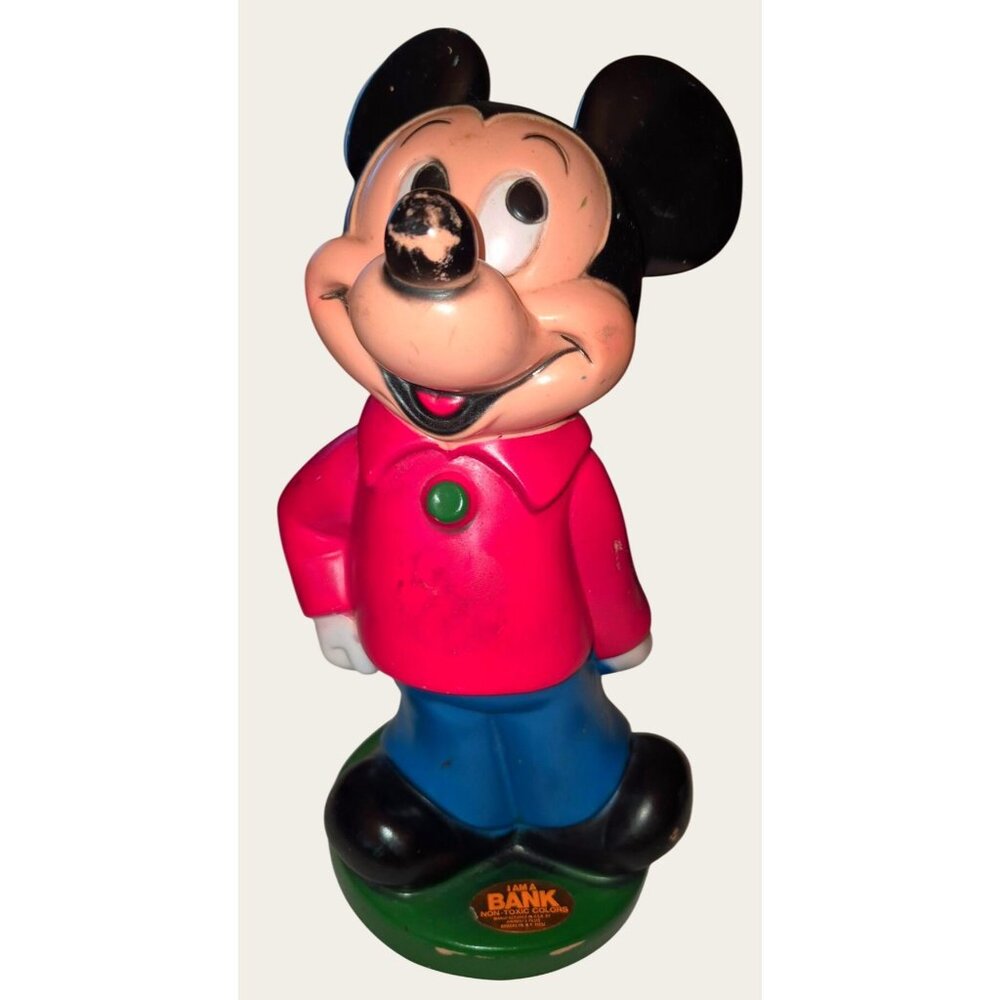 Vintage Mickey Mouse Plastic Coin Bank 11" Tall Non-Toxic Colors